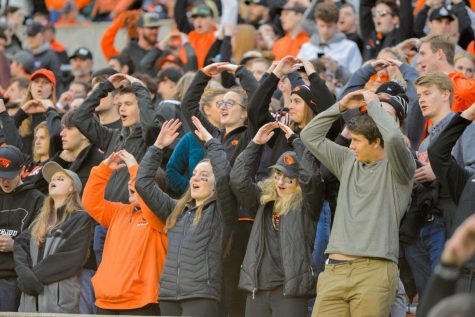 Students participate in the O-S-U chant in the student section in Reser Stadium for OSU Footballs senior night versus Arizona State on Nov. 16, 2019. 