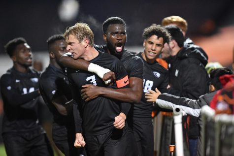 The OSU Mens Soccer team celebrates with each other in their senior night matchup versus Washington on Nov. 15, 2019 in Corvallis, Ore. 
