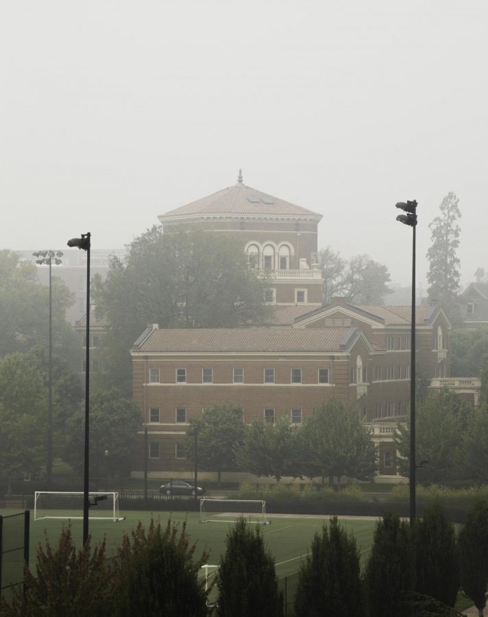 Weatherford Hall seen through a buffer of smoke and haze on Sept. 17. Winds blew the smoke from the wildfires in Santiam Canyon east of Salem, Ore. into the Willamette Valley.