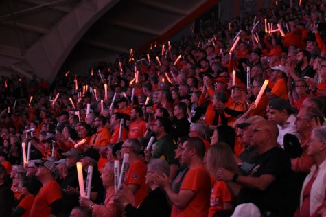 Fans support the OSU Women’s Basketball team in their home Civil War matchup versus Oregon on Jan. 26. Gill Coliseum hosted over 9,000 fans for the game, including an experimental student section for approximately 400 students. All other students sat in general admission designated sections.Photo from Orange Media Network Archives