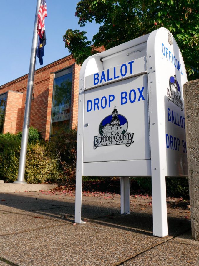 An Official Benton County Ballot Drop Box in front of the Monroe Community Library. Ballots need to be filled out and turned into one of these drop boxes before 8 p.m. on Nov. 3. Ballot Drop Box locations can be found on Benton County’s website.