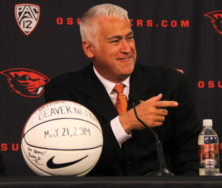 In this file photo from 2014, Oregon State Mens Basketball Head Coach Wayne Tinkle poses for a photo at his introductory press conference. Tinkle recently received a contract extension, keeping him as the Beavers head coach through the 2027 season.