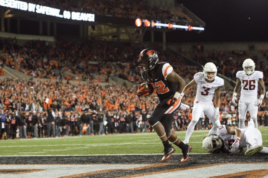 In this file photo from October 2018, Jermar Jefferson rushes for a touchdown in a 56-37 loss to the Washington State Cougars. Jefferson and the Oregon State Beavers will be looking to get a win to start the 2020 against the Cougars on Nov. 7, 2020.