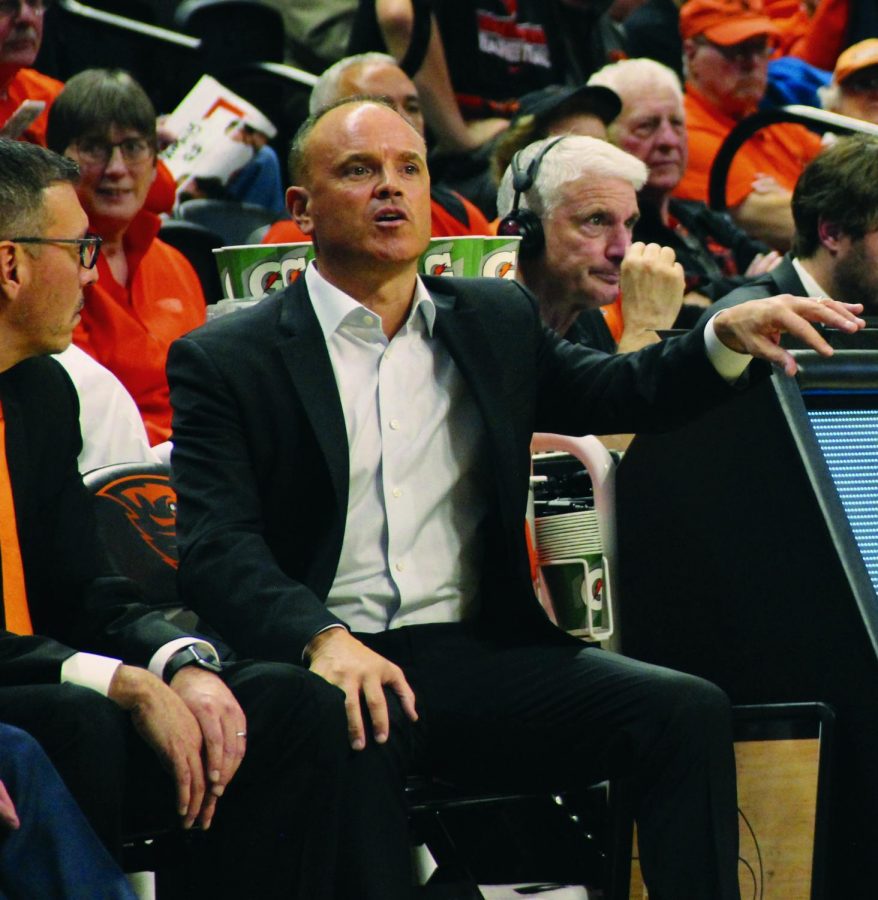 OSU+Women%E2%80%99s+Basketball+head+coach+Rueck+has+been+in+his+position+since+2010+and+has+coached+the+team+to+continued+success.+Rueck+coaches+the+team+from+the+sideline+versus+Utah+State.%C2%A0%C2%A0