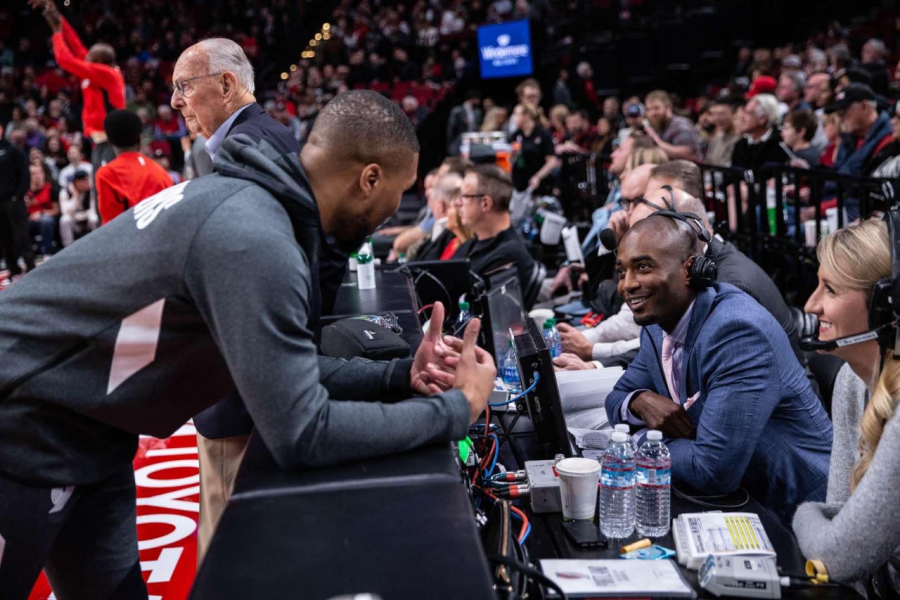 Former Oregon State Beavers guard and current color analyst for the Portland Trail Blazers Lamar Hurd sitting at the broadcasters table before a game.