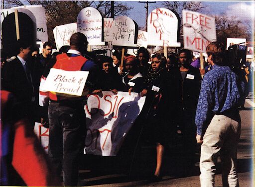 Community members gather to protest in the 1996 boycott sparked by a string of racist actions that occurred within Oregon State University community within a month of each other.