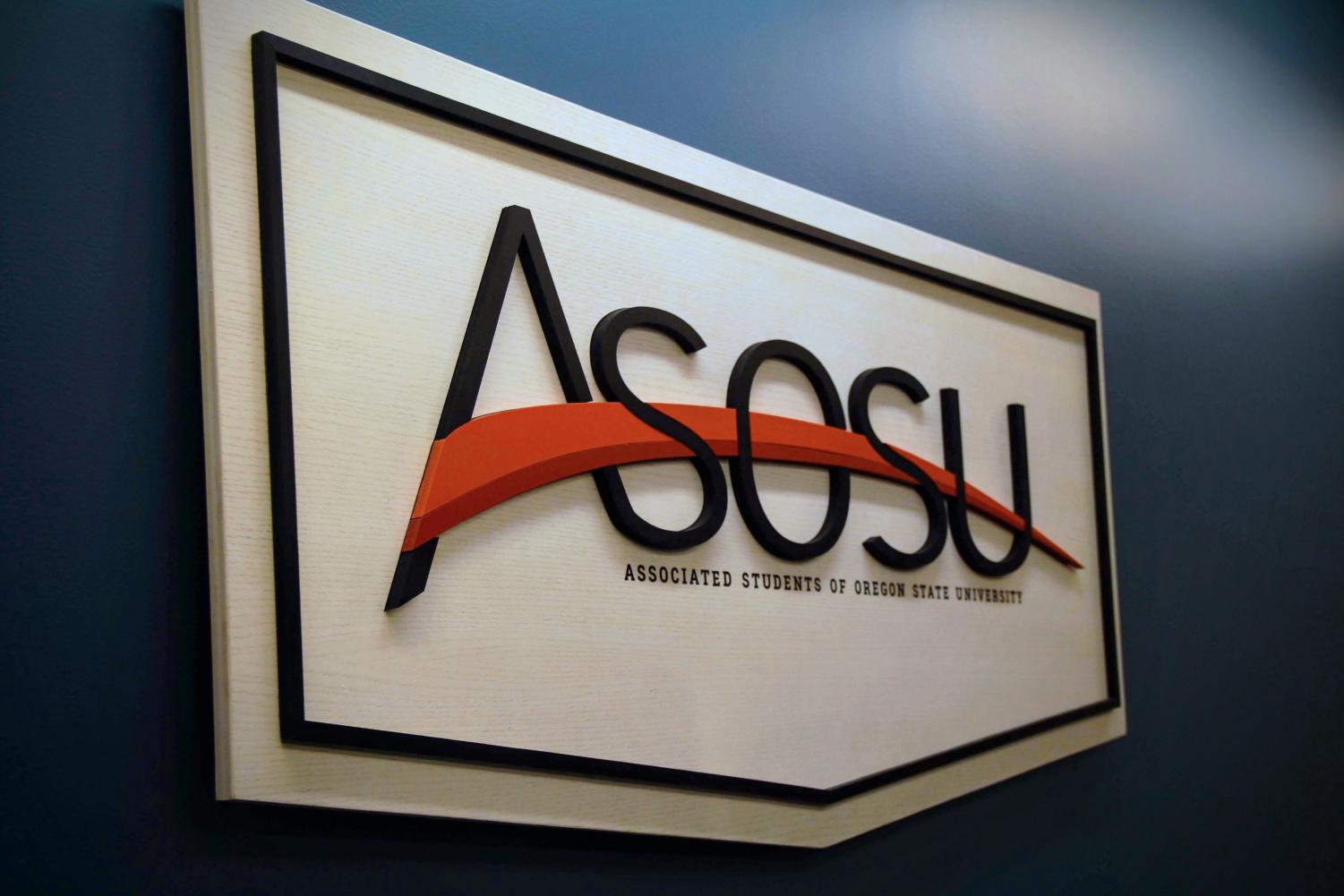 The Associated Students of Oregon State University sign hangs in the ASOSU office.