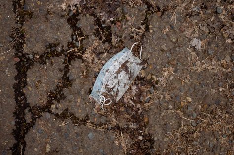 A discarded surgical mask on Oregon State Universitys Corvallis, Ore. campus.  The county remains in the extreme risk category for COVID-19 cases.  