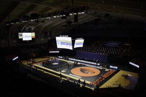 An empty Gill Coliseum plays host to the 2021 PAC-12 Wrestling championship. Oregon State finished second as a team in the event, while qualifying four members for the NCAA Tournament.