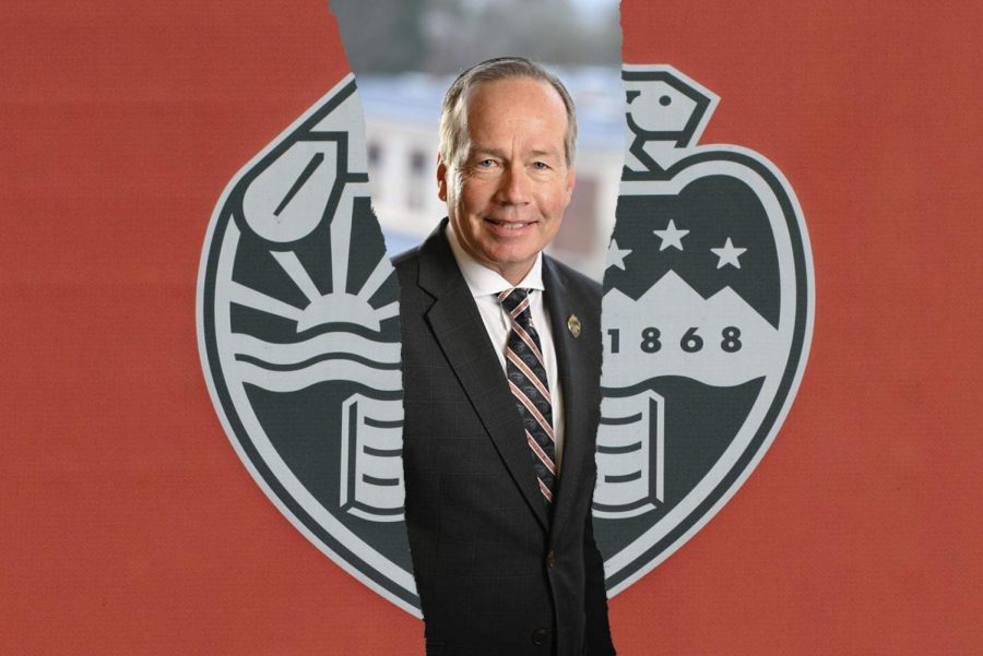 A photo illustration of Oregon State University President F. King Alexander pictured with the OSU logo. Alexander has now resigned after community outrage over how Louisiana State University handled complaints of sexual misconduct during Alexanders tenure as president of LSU.