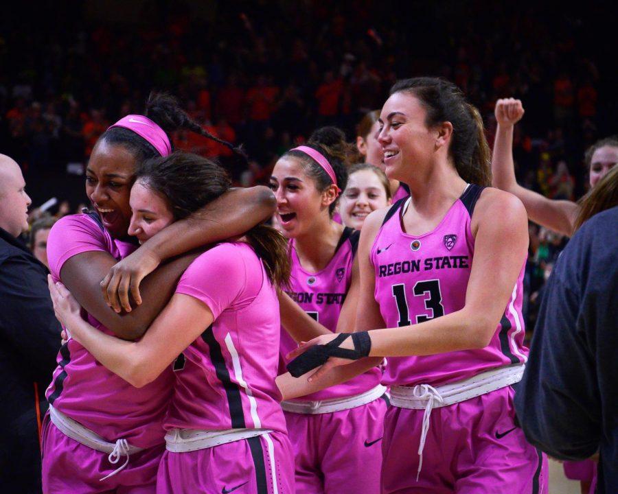 In this photo from 2019, OSU sophomore guard Aleah Goodman receives support from her teammates after the Beavers earned their upset win over the Ducks, 67-62. Goodman led Oregon State in points on the night, tallying 22 to help her team take the win. Goodman, now a senior, led her Beavers to yet another win over the Ducks with 20 points in an 88-77 victory.