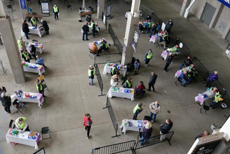 Corvallis residents awaiting and receiving COVID-19 vaccinations inside of Reser Stadium. On February 17th, FEMA announced that Benton County would receive $3.1 million in federal funding to support COVID-19 vaccination centers.