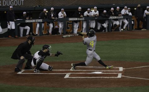 UofO freshman Josh Kasevich misses a pitch during the first game of OSU vs UofO’s triple header game on March 12th 2021. Although last year was a shorter than normal season due to COVID, Josh Kasevich Played in all 14 games starting nine of the 14 at third base.