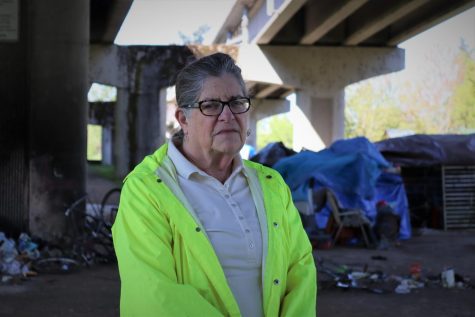 City of Corvallis Ward 1 Council Woman Jan Napack can be seen by homesteads underneath the Corvallis bridge. The city of Corvallis has passed legislation around these homestead with a focus on relocation and safety for taxpayers.