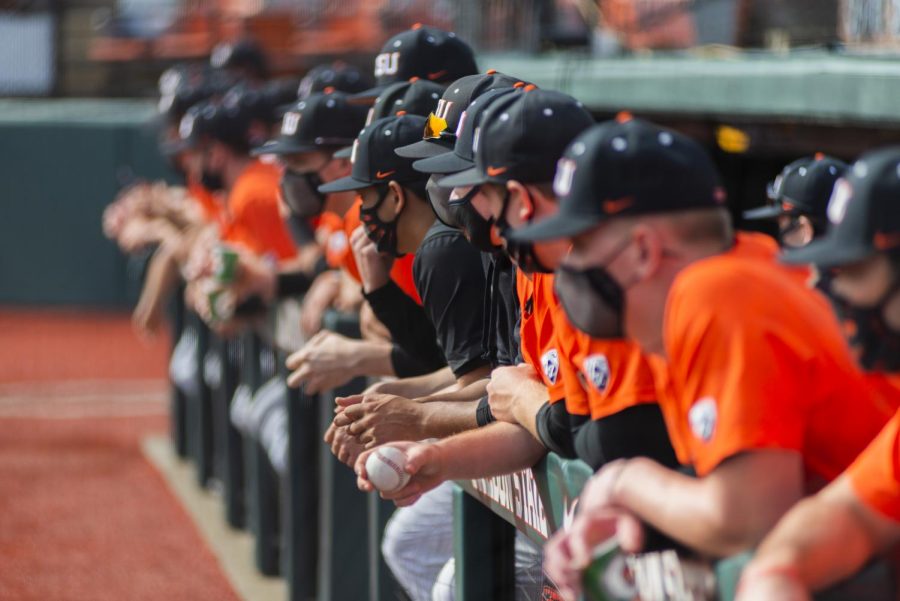 Oregon+State+Beavers+Baseball+anxiously+watching+from+the+bullpen.+Despite+the+lack+of+crowds+in+Goss+Stadium+due+to+Covid-19%2C+the+teams+cheers+were+heard+loud+and+clear.