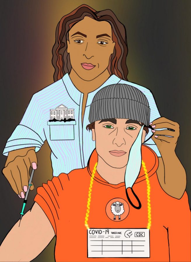 This illustration shows a healthcare professional vaccinating someone with the second Covid-19 vaccine, while simultaneously removing their mask. This represents the new CDC statement that fully vaccinated people can gather without masks. 