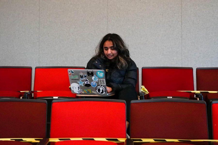 OSU Junior Aanchal Vidyarthi studies in an empty classroom at the LINC. Vidyarthi regularly visits campus to study in new spaces because it helps her focus better. 