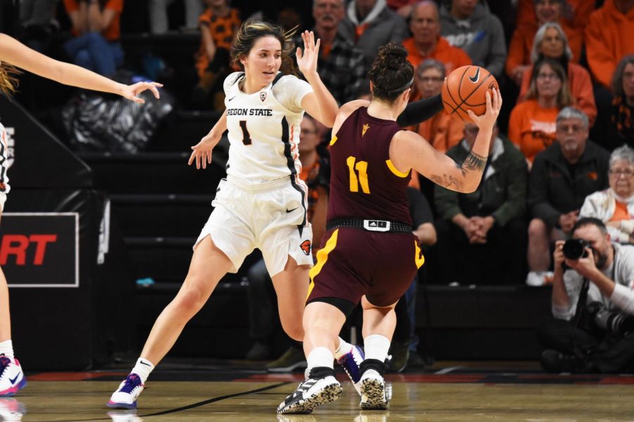 In+this+file+photo+from+2020%2C+ASU+senior+guard+Robbi+Ryan+%28%2311%29+maneuvers+around+OSU+junior+guard+Aleah+Goodman+%28%231%29+before+scoring+a+two-pointer+in+the+second+quarter+of+the+Oregon+State+vs.+Arizona+State+game+at+Gill+Coliseum%2C+Friday%2C+Feb.+7.+On+April+15%2C+Goodman+was+drafted+into+the+WNBA+by+the+Connecticut+Sun%C2%A0
