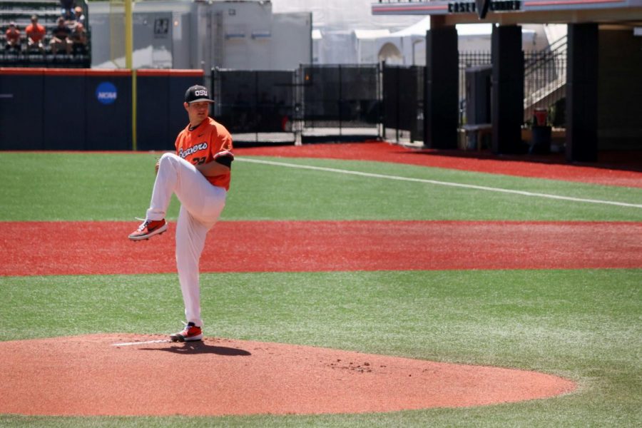 OSU Baseball junior right-handed pitcher Grant Gambrell winds up on the mound in the 2019 NCAA Regionals at Goss Stadium. Due to the new NCAA policy, student-athletes can now profit from their name, image and likeness.