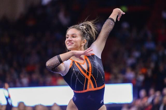 Kaitlyn Yanish performing her floor routine in Gill Coliseum against UCLA in 2020. Yanish likes to see her family and spend time with them over the summer, but strives to also make time for training.