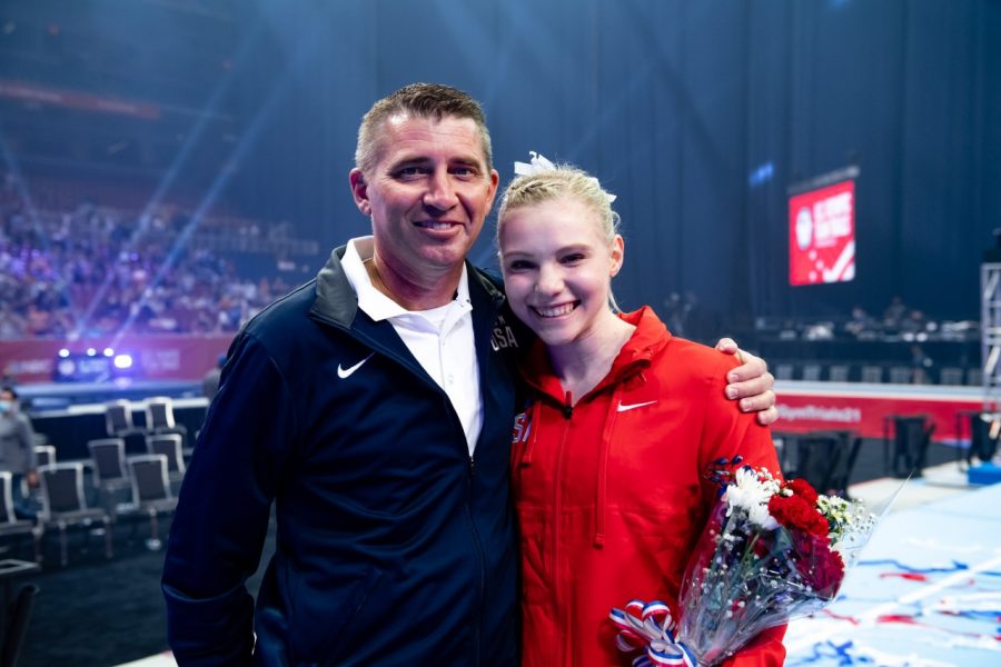 Jade Carey (right) poses for a photo at the US Olympic Team trials. Carey, a Team USA gymnast since 2017, earned a spot on the gymnastics team as a vault specialist and will enter the Olympics as one of two individual competitors. 