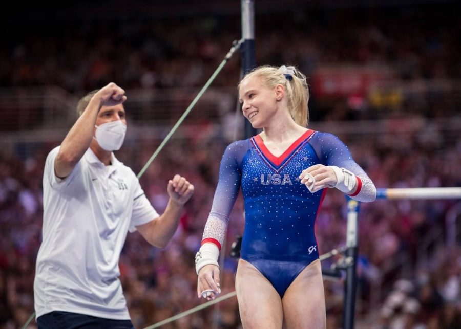 Jade Carey, a Beaver Gymnastics signee, finishes a routine on the uneven bars for the U.S. Olympic Team trials. Carey, a Team USA gymnast since 2017, earned a gold medal in the finals for floor routine at the Tokyo Olympics on Aug. 2.