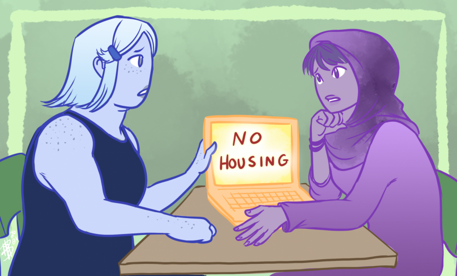 This illustration shows two students conversing about the availability of housing. For OSU students, finding affordable housing can be a struggle, with a rising demand and a slow growth in supply.
