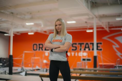 Jade Carey poses in the OSU Gymnastics Center 