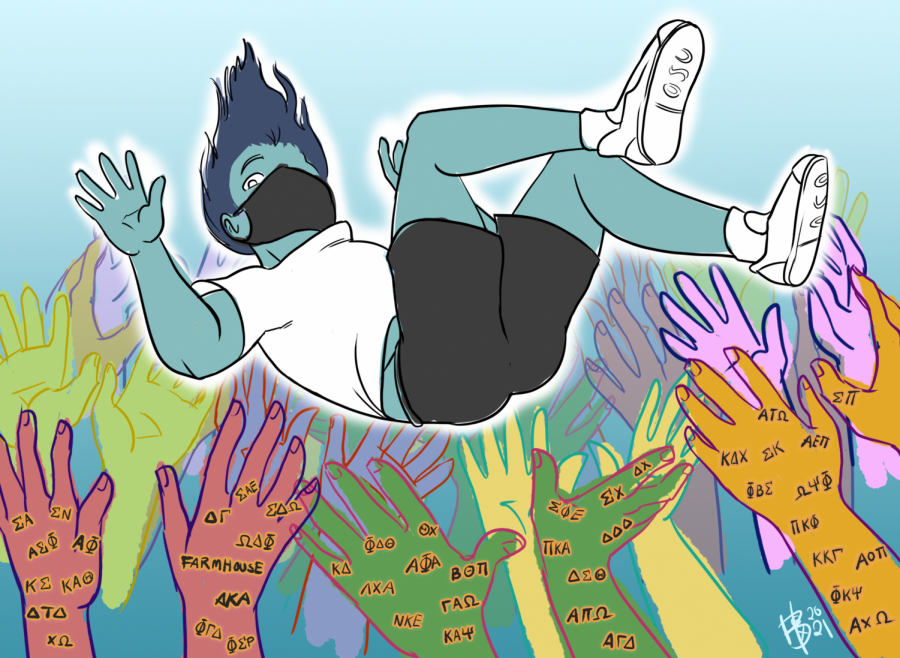 This illustration above is meant to mimic the OSU Interfraternity Council’s “Jump Day.” This is an event where new members of fraternities meet at the Memorial Union and are boosted into the air and caught by their new fraternity brothers.