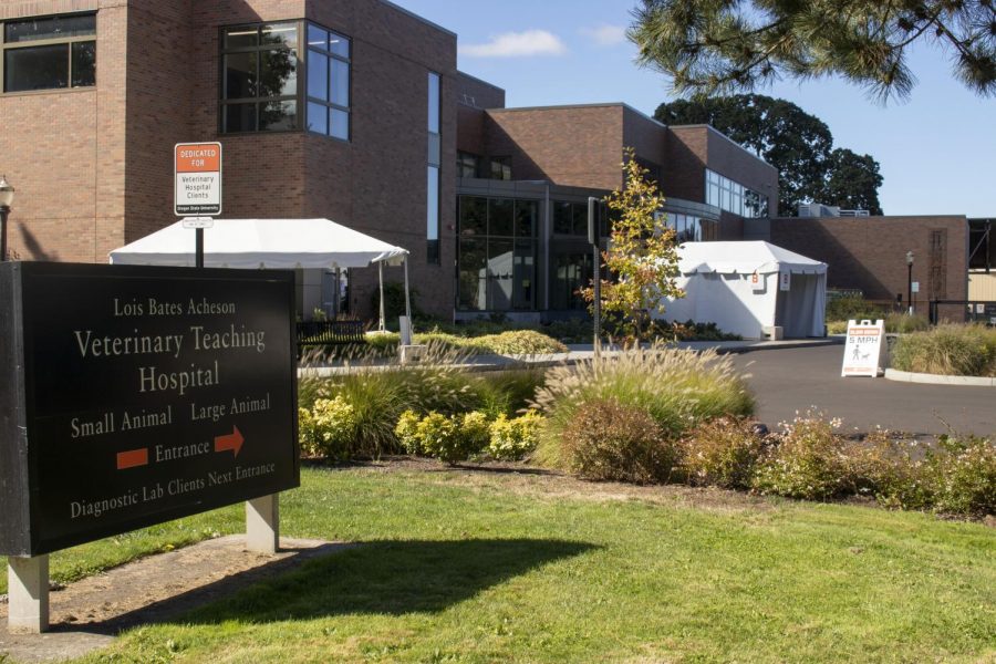 The entrance to Oregon State University Carlson College Veterinary Medicine Teaching Hospital, Thursday, Sept. 23, 2021. Current wait times for the CCVM can range from two or three weeks to three months depending on the care needed. 