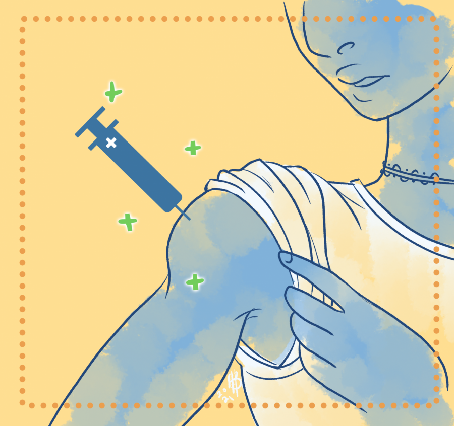 An illustration depicting someone receiving a COVID-19 vaccine booster. Health experts have been recommending that certain members of the population receive a booster to better protect against COVID-19 and its variants. 
