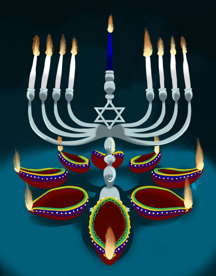This illustration shows the Diwali diya and a Hanukkah menorah lit to celebrate the holiday season. Diwali begins on Nov. 4 and is celebrated for five days, and Hanukkah occurs from Nov. 28 to Dec. 6.