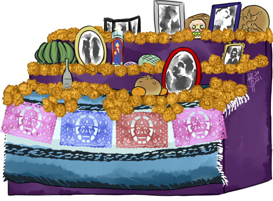 This illustration depicts an ofrenda decorated for Día de Los Muertos, complete with photos, offerings and traditional marigolds. In Mexico, marigolds symbolize the power of the sun and are believed to bring souls back to this plane.
