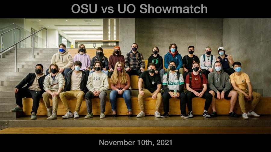 Oregon State University Esports and University of Oregon Esports face off in a Valorant showmatch at University of Oregon’s Esports Lounge on November 10th, 2021. The showmatch consisted of both school’s varsity and junior varsity Valorant teams playing best of three matches. In the first match, OSU JV lost to UO JV 1-2, and OSU Varsity beat UO Varsity 2-0. Valorant is a free to play first person hero shooter with a global audience for the competitive stage. University teams play weekly in tournaments and leagues to battle for dominance.