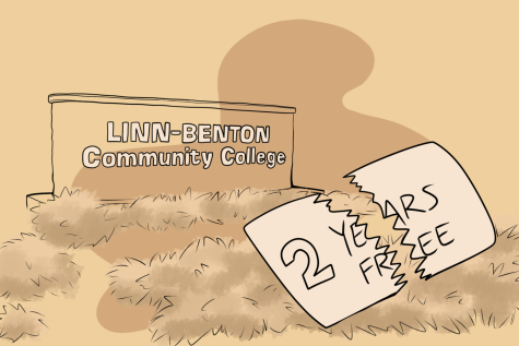 This Illustration depicts a revoked proposal for students to attend community college for free for two years. The sign for Linn-Benton Community College can be seen in the background. 