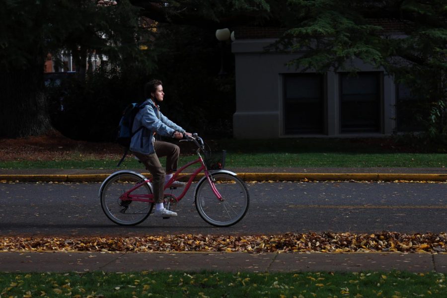A student bikes down SW 26th Street on Nov. 16. The City of Corvallis has plans to make the OSU campus more bikeable and safer for cyclists to commute.
