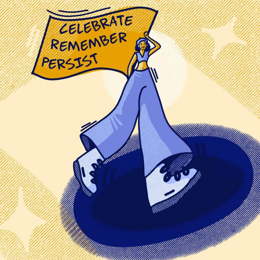 An illustration depicting someone holding a flag with the words Celebrate, Remember and Persist. Celebrate, Remember & Persist is the theme of the Corvallis/Albany NAACPs 50th Freedom Fund event, taking place on Nov. 6 in person on the Oregon State University Corvallis campus and virtually. 