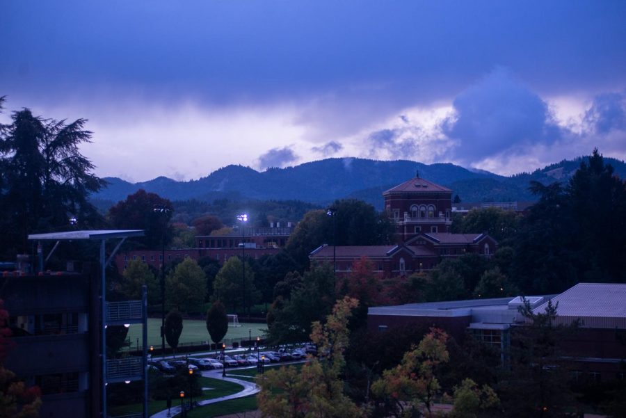A view of the sunset on Oct. 10 framed by Finley Hall, Weatherford, the intramural fields and
mountains. On Nov. 7, clocks will go back one hour for daylight saving time.