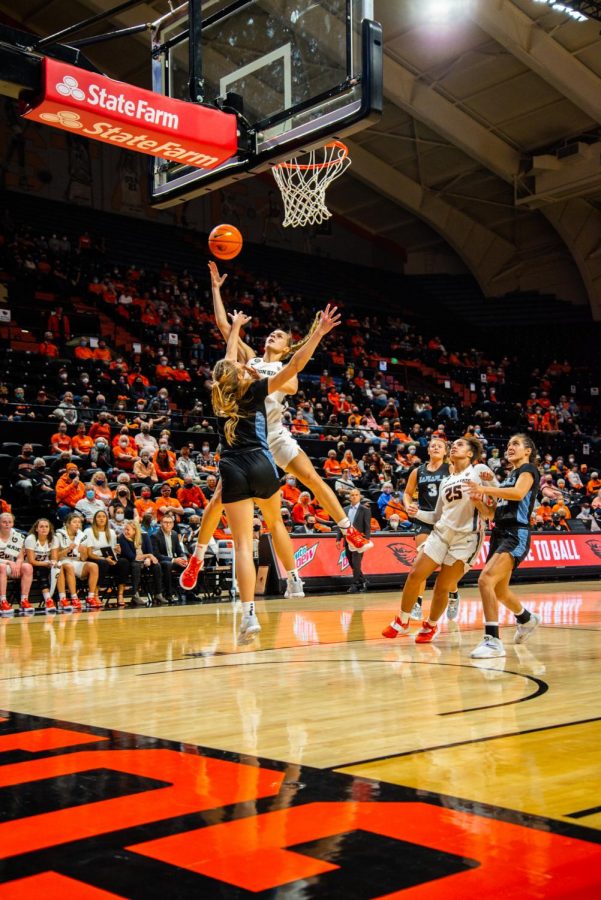Oregon State freshman guard AJ Marotte driving up the court for a layup against the Western Washington University Vikings on Nov. 6 in Gill Coliseum. The Beavers would go on to defeat the vikings by a score of 73-40.
