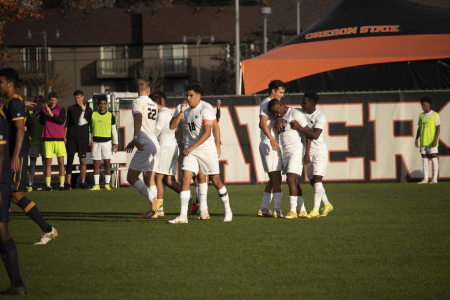 The Oregon State men’s soccer team celebrates after making their second goal of the game at Lorenz Field in Corvallis Oregon on October 31, 2021. The goal was scored by forward Tsiki Ntsabeleng during the second half. 
