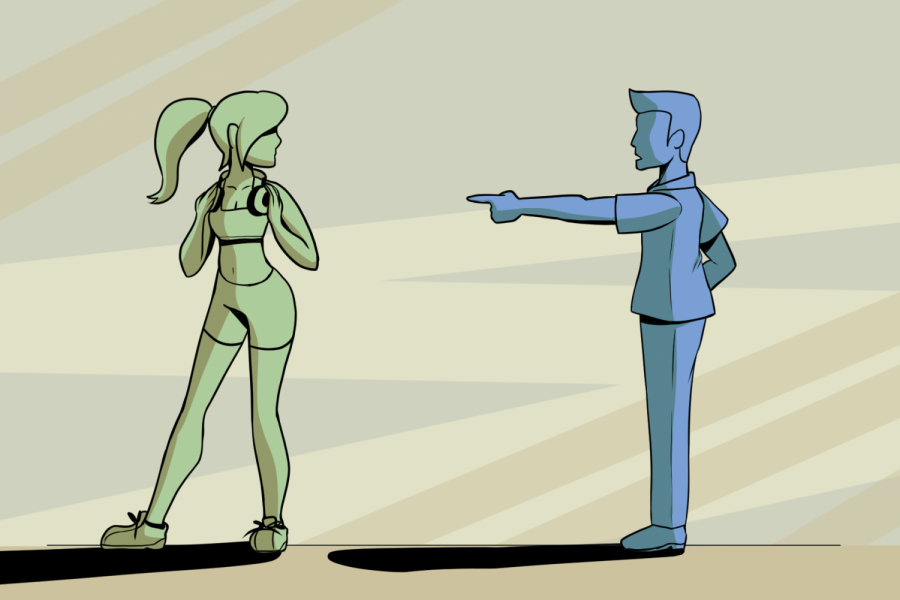 This illustration depicts a gym staff member calling out a woman who is wearing a sports bra and gym shorts. Dixon Rec Center's dress code may cause issues to those wearing certain gym attire that expose skin.