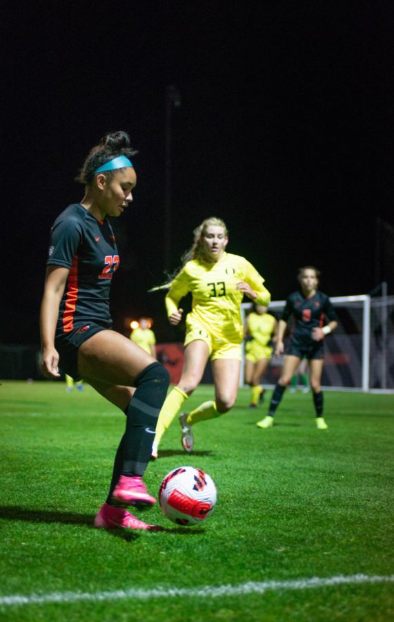 Oregon State junior midfielder Skylar Herrera is working to keep the ball in play in order to score against the University of Oregon Ducks on Nov. 5 at Paul Lorenz Field. The Oregon State Beavers would tie with the Ducks 2-2. 
