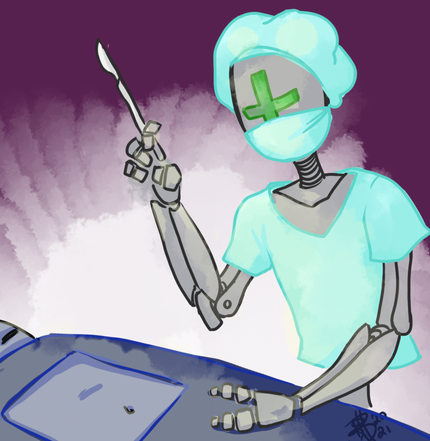 This illustration depicts Dr. Bot preparing their surgical table with a sleeping patient. In the future, by cleaning and disinfecting areas, robots could reduce the risk of exposure to disease for healthcare workers.