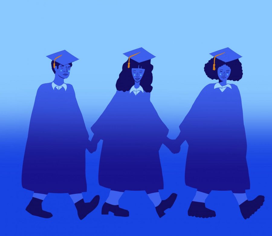 An illustration of three graduating high schoolers. The Corvallis School District, beginning with the class of 2025, will be changing the way it recognizes its high school graduates at commencement. 