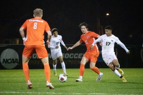 Oregon State junior midfielder Sofiane Djeffal (10) and redshirt-senior midfielder Tyrone Mondi fighting for the ball at Paul Lorenz Field in Corvallis on Dec. 4. The Beavers would fall to the Clemson Tigers by a score of 4-3 in a penalty shootout, eliminating the Beavers from the NCAA tournament. 