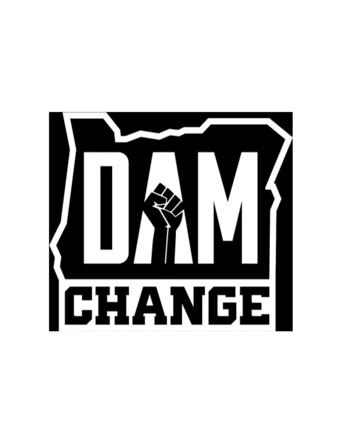 Pictured here is the Dam Change logo. Dam Change is an organization at Oregon State University that creates awareness about systemic racism. 