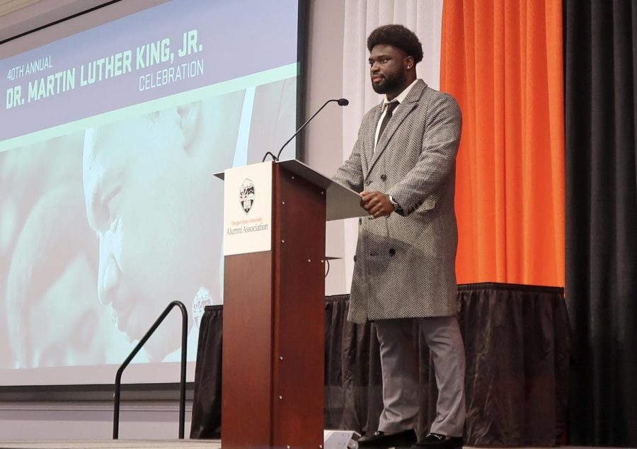 President of the OSU chapter of the National Society of Black Engineers, Quentin Onyemordi, gives a speech during the Martin Luther King Jr. Day Peace Breakfast on Jan. 17. Rather than just a three day weekend, MLK Day should be a day to honor the legacy and life of Martin Luther King Jr. 