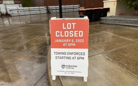 A sign posted at Reser Stadium in Corvallis, Ore. on Jan. 4 indicates that the parking lot will close on Jan. 6 at 6 p.m. The parking lot closure is due to an implosion of the west side of Reser Stadium that is scheduled to take place between 7:40 a.m. and 8 a.m. on Jan. 7.