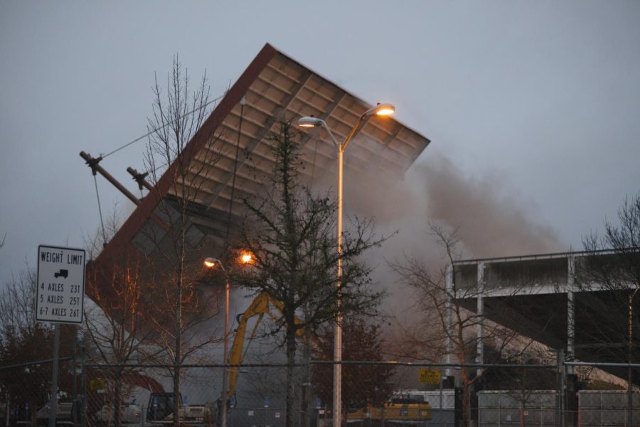 Pictured here is the West Side of Reser Stadium during the implosion in Corvallis, Or. on Jan. 7, 2022. The 2022 football season will still be played at Reser, and construction will be finished in 2023. 