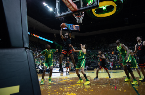 Oregon State senior forward Maurice Calloo securing the rebound against the University of Oregon Ducks in Eugene, Ore. on Jan. 29, 2022. While Calloo finished with 9 points and played 21 minutes, the Beaver still lost to the Ducks by a score of 78-56. 